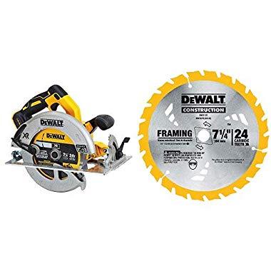 DEWALT DCS570B 7-1/4" (184mm) 20V Cordless Circular Saw with Brake (Tool Only) with 7-1/4-Inch 24 Tooth ATB Thin Kerf Framing Saw Blade with 5/8-Inch and Diamond Knockout Arbor