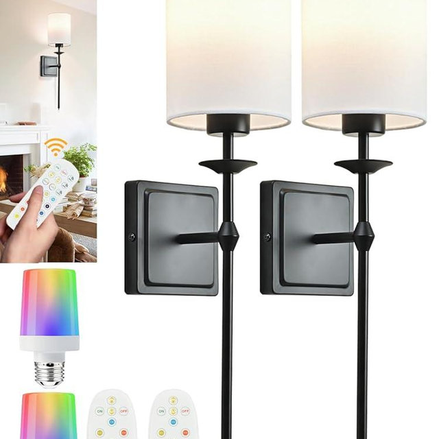 Battery Operated Wall Sconces Set of 2 Sconces Wall Decor Black Cordless Wall Sconces with Remote 12 Colors Modes Rechargeable Wireless Wall Lights Wall lamp for Bedroom Living Room