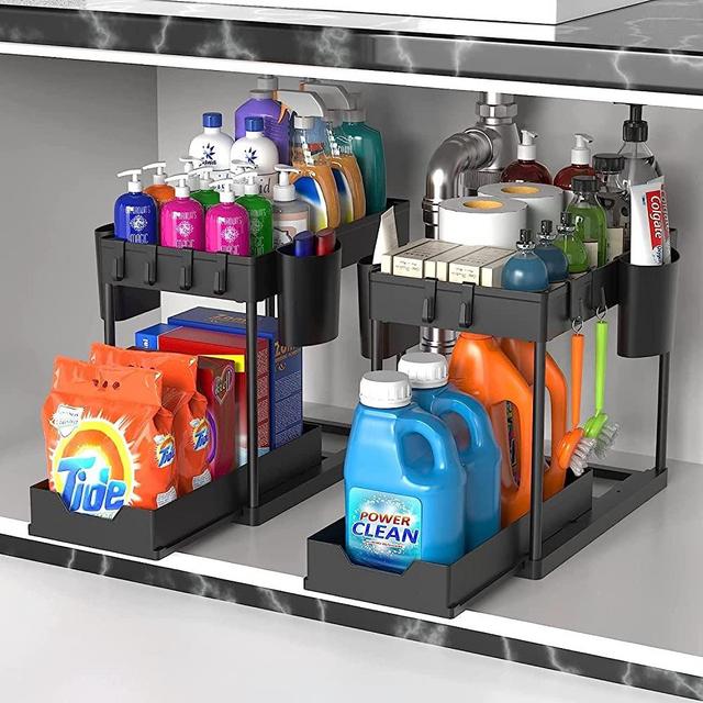 Sealegend 2 Pack Pull Out Under Sink Organizers and Storage, 2 Tier Storage Under Cabinet for Bathroom Kitchen Sliding Shelf with Hanging Cups and Hook Multi-Purpose Storage Shelf Black