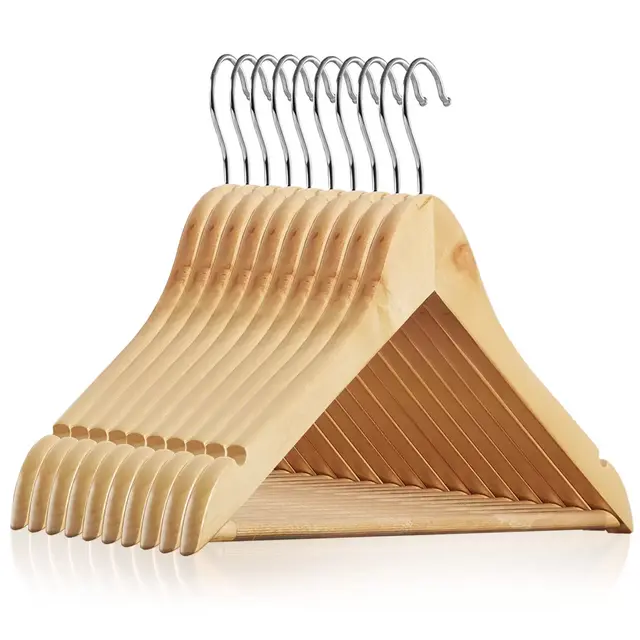 Casafield Wooden Suit Hangers, Non-Slip Pant Bar & Swivel Hook, Natural - Set of 10