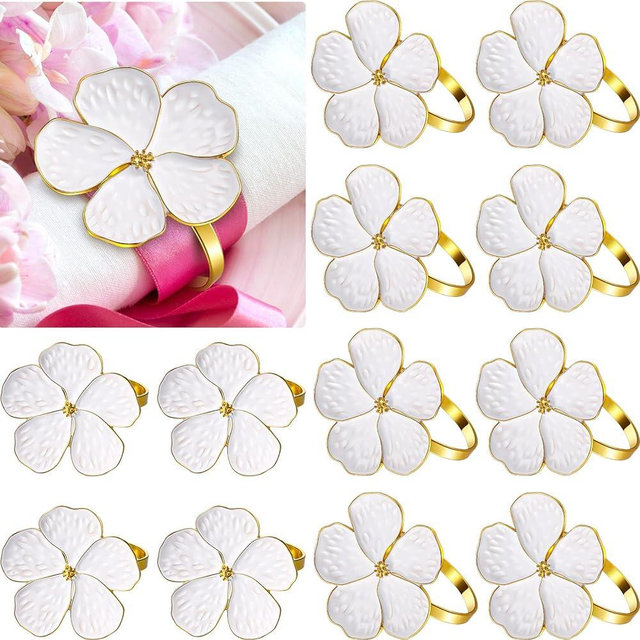 White Flower Napkin Rings Set, Holiday Gold Napkin Ring Holder Floral Serviette Buckles for Wedding Party Banquet Thanksgiving Halloween Dinner Table Decor and Daily Use (12 Pcs)