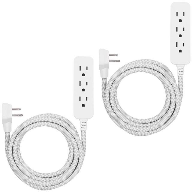GE White, Designer Extension Surge Protection 2 Pack, Braided Power Cord, 8 ft, 3 Grounded Outlets, Flat Plug, Premium, UL Listed, Gray, 53246