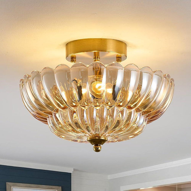 Semi Flush Mount Ceiling Light, 12" Vintage Gold 3-Light Ceiling Light Fixture with Amber Glass Shade, Mid Century Modern Art Deco Close to Ceiling Lights for Bedroom Hallway Entryway Kitchen
