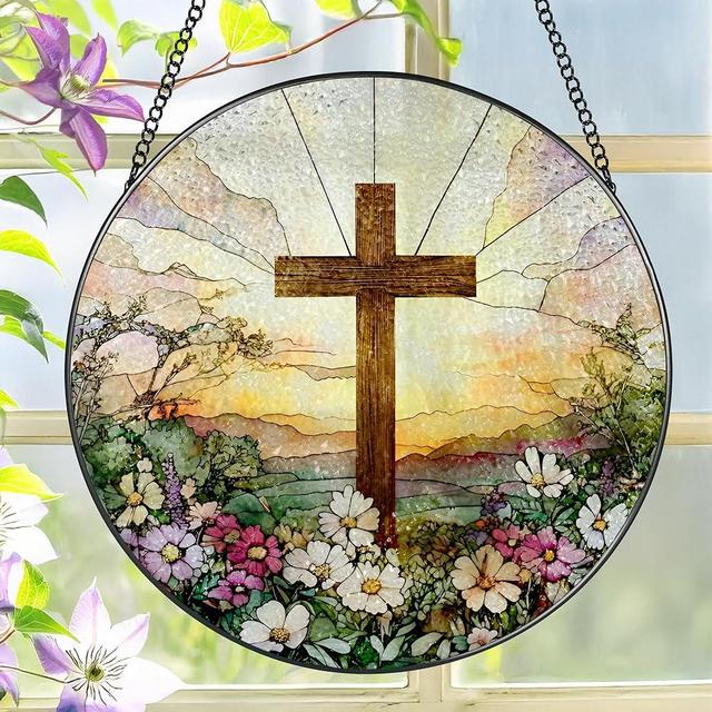 8 Inch Stained Glass Cross and Wildflowers Suncatcher Christian Stained Glass Windows Hanging Flower Cross Gift for Religious Easter Faith Christian Gifts Religious Home Decor