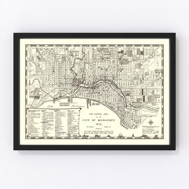 Milwaukee Map 1870 - Old Map of Milwaukee Wisconsin Art Vintage Print Framed Canvas Portrait History Genealogy Farmhouse