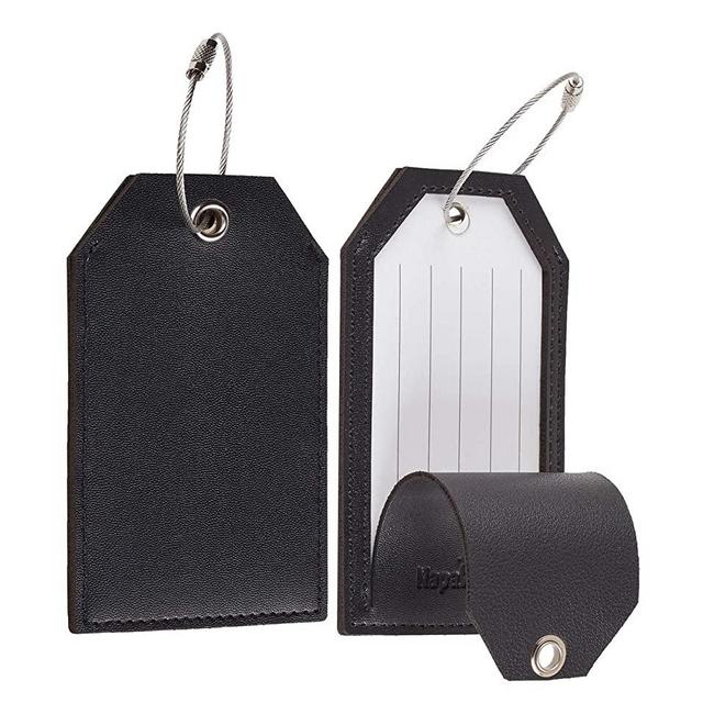 Toughergun Leather Instrument Baggage Bag Luggage Tags with Privacy Cover 2 Pcs Set (Black)