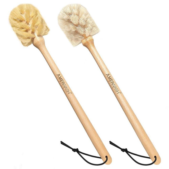Bottle Brushes with Natural Bristles, 13-3/4 Inch Long Wood Handle Bottle Brush Cleans and Scrubs Wide Mouth Jars, Glasses, Vases, Mugs and Pitchers, Sisal + Horsehair Bristles 2 Pack