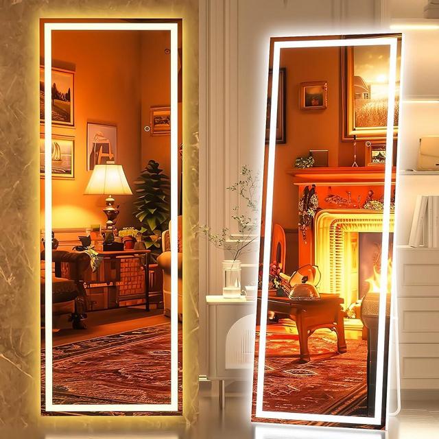 Hasipu Full Length Mirror with Lights, 56" x 18" LED Lighted Floor Standing Mirror, Full Body Dressing Hanging Mounted Mirror, Dimmable, Tempered Glass, Safe to Use, Square White