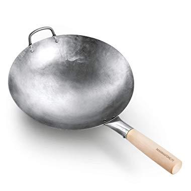 Authentic Hand Hammered Wok, 14 Inch Carbon Steel Chinese Pow Wok, Traditional Round Bottom Wok by Mammafong