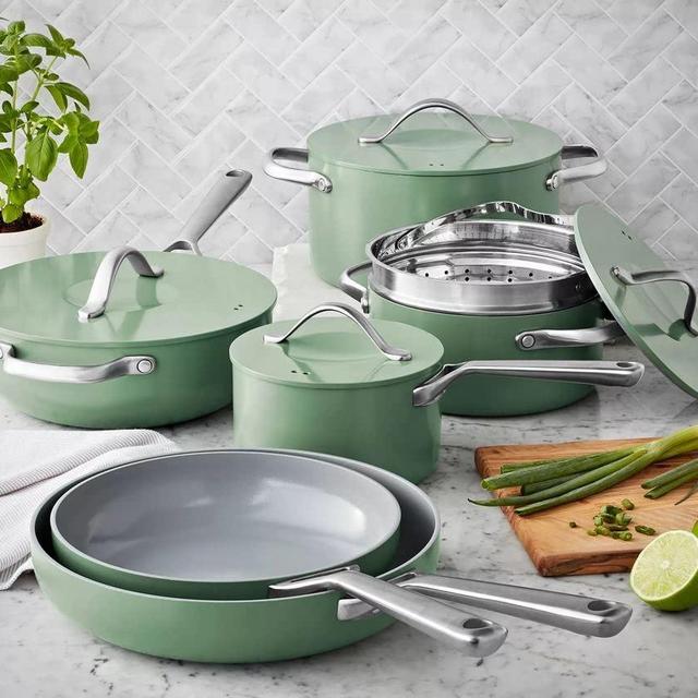 Member Mark 11 Piece Modern Ceramic Cookware Set With Smart Kitchen Tools Set (Assorted Colors) (Green)