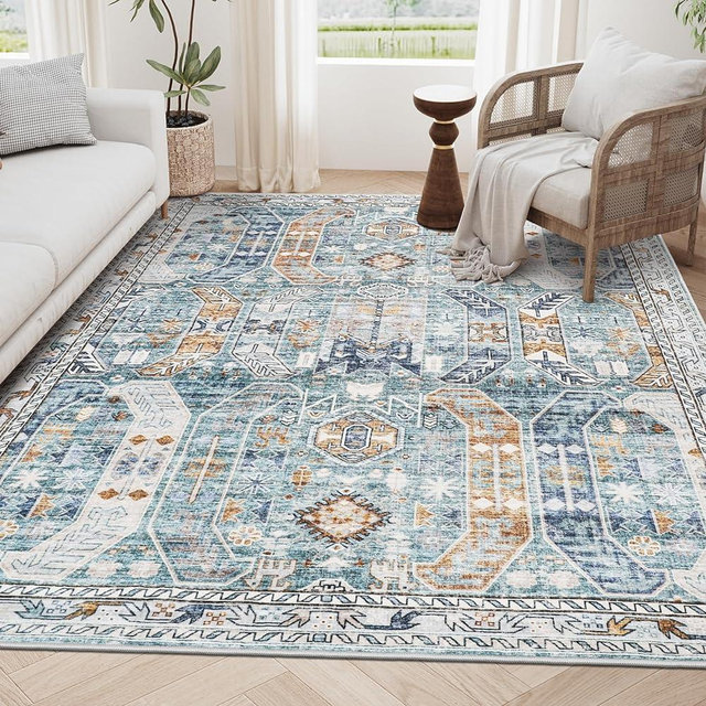 befbee 9x12 Area Rug,Ultra-Thin Washable Rugs for Living Room,Non-Slip Lightweight Foldable Area Rug,Stain Resistant Vintage Large Rugs (Blue/Gold,9'x12')