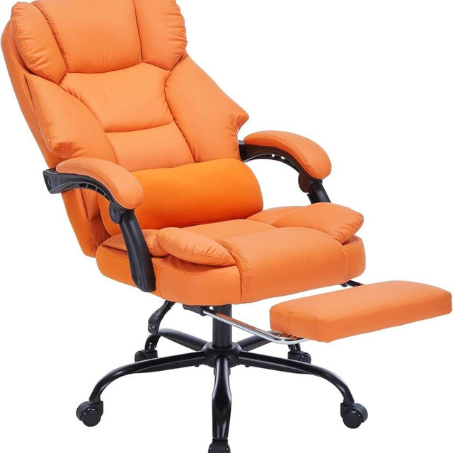 Ergonomic Office Chair with Footrest, PU Leather Executive Computer Chair, 360° Swivel Reclining Desk Chair with Lumbar Support & Adjustable Height, 600 lbs Capacity for Home/Office (Orange)