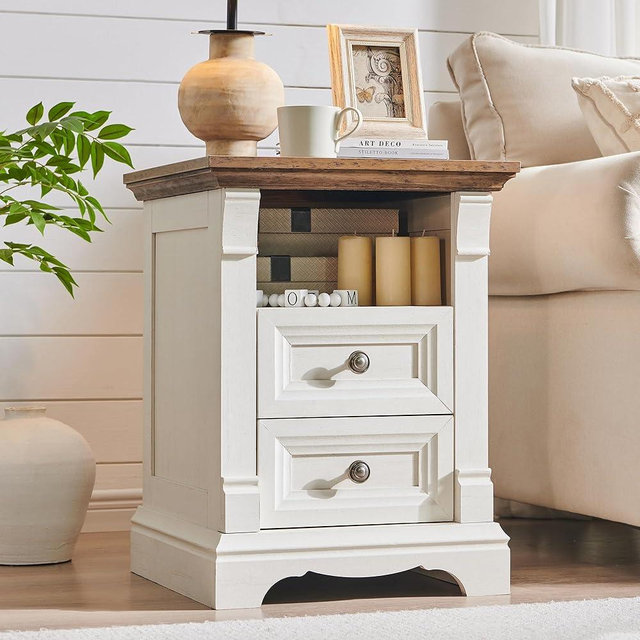 Farmhouse Nightstand with Charging Station, 18" End Table with 2 Drawers Storage, Wood Side Table w/Roman Column, Bedside Cabinet for Bedroom, Living Room, Antique White