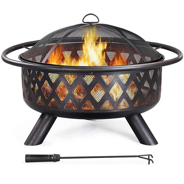 YAHEETECH 36inch Outdoor Fire Pit Crossweave Outdoor Wood Burning Fire Pit with Mesh Spark Screen,Poker and Rain Cover for Bonfire Patio Backyard