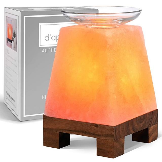 Aromatherapy 100% Authentic Himalayan Salt Lamp Diffuser for Essential Oils w/ Natural Wood Base, Glass Diffusing Bowl, 2 Bulbs, UL-Listed dimmer, Modern Calming Decorative Indoor Home Lighting