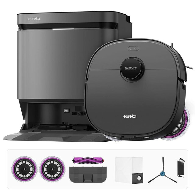 Eureka J15 Pro Ultra Robot Vacuum and Mop with Self Emptying Base, 16,200 Pa Suction, Flex-Arm Design Mop, Auto Mop Hot Water Washing & Hot Air Drying, Anti-Tangle, AI Obstacle Avoidance, Black
