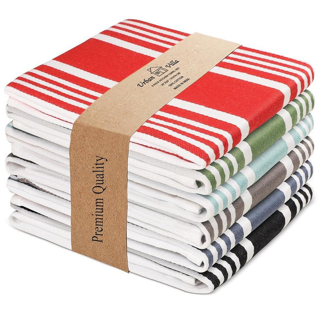 Urban Villa Kitchen Towels 100% Cotton Pack of 6 Highly Absorbent Quick Drying Super Soft Premium Dish Towels for Kitchen with Hanging Loop Hand & Tea Towels - 20x30 Inch (Multi Color Striped)