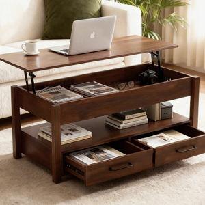 Lift Top Coffee Table with Drawers and Hidden Compartment - Brown