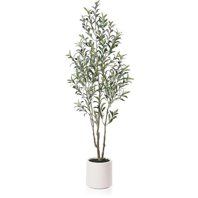 LOMANTO Artificial Olive Trees, 6 ft Tall Fake Olive Trees for Indoor, Faux Olive Silk Tree, Large Olive Plants with White Planter for Home Decor and Housewarming Gift, 1 Pack