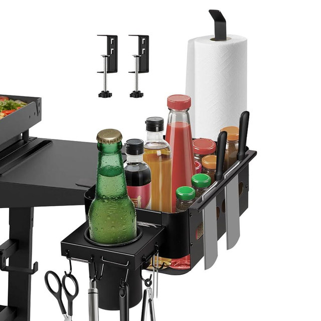 Griddle Caddy for Blackstone, Goldusk 6-in-1 BBQ Caddy with Cup Holder/Probe Holes/Utensil Rack/Paper Towel Holder/Hooks Griddle Accessories for Blackstone Tools Grilling Accessories for Outdoor Grill