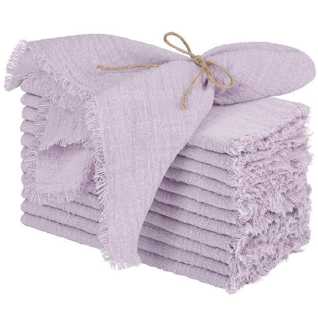 TURSTIN 12 Pieces Cotton Linen Cloth Napkin Handmade Cloth Napkin with Fringe 17 x 17 Inch Soft Cloth Dinner Wedding Napkin Square Rustic Fringe Napkin for Dinners, Parties, Weddings, Lavender Purple