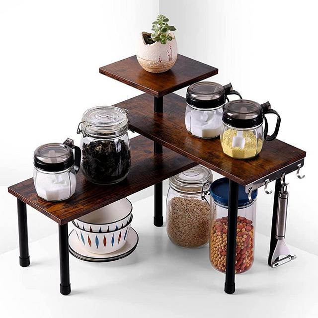 Ollieroo Kitchen Counter Shelf Organizer, 3 Tier Corner Shelf Bamboo Bathroom Countertop Organizer with Hooks, Space Saving Makeup Organizer Spice Rack Corner Plant Shelf