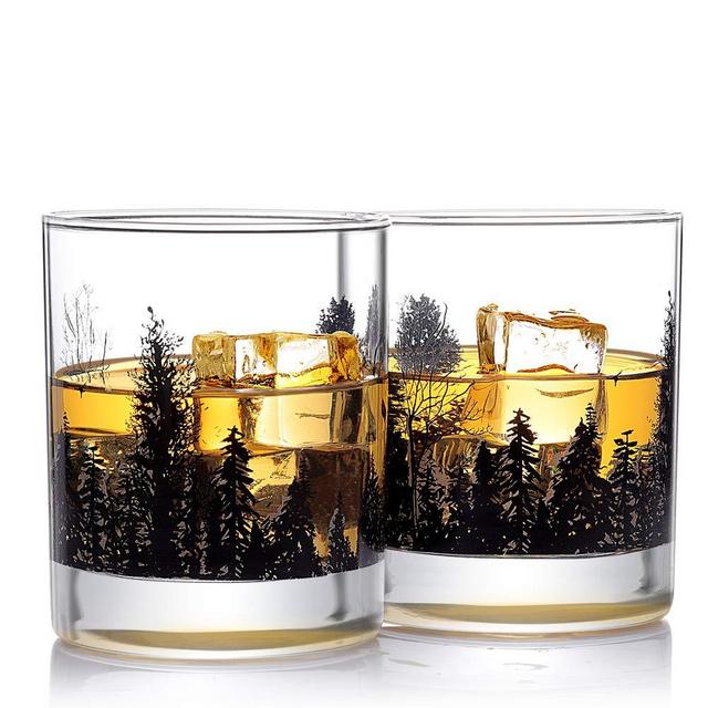 Whiskey Glass Set of 2 Forest Landscape Old Fashioned Whiskey Glass 11OZ Lead Free Hand Blown Heavy Base for Scotch Bourbon Cocktails Yurnero