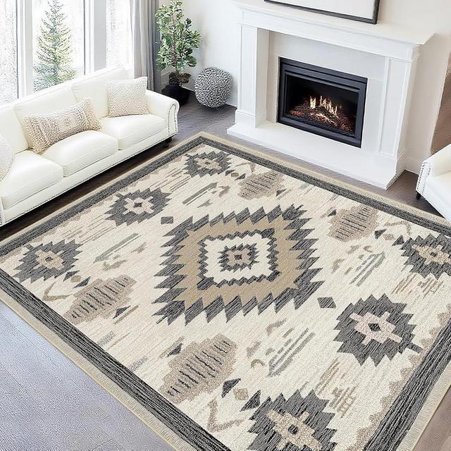 8x10 Area Rug for Living Room Western Rug Aztec Southwestern Rugs Machine Washable Tribal Navajo Southwest Rug Non Slip Printed Low-Pile Indoor Floor Carpet for Dining Room Bedroom Office, Beige