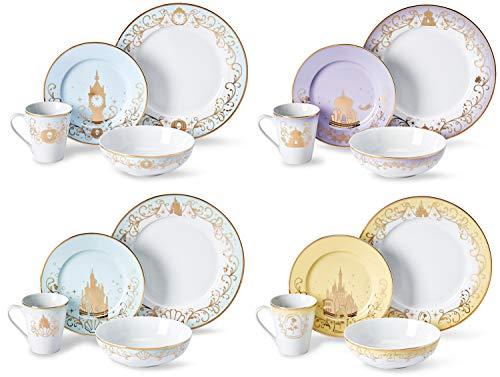 Disney Themed Dinnerware Set - 16 Ceramic Dishes, 4 Place Settings - Cinderella, Aladdin, Little Mermaid, & Beauty and the Beast Colorful Dinner & Dessert Plates, Bowl & Mug - White Porcelain Dishware