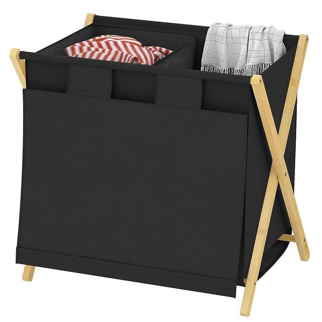 Hoiplu Double Laundry Hamper with Lid, 125L (33 Gal) Divided Oxford Cloth Laundry Basket Organizer with X-Shaped Bamboo Frame, 2 Section Hamper for Laundry Room, Bathroom, Bedroom, Black