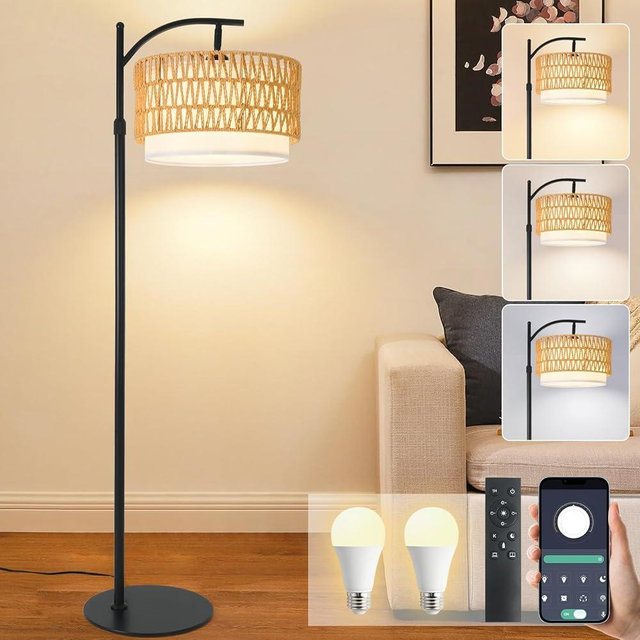 DRAWNCAT Bohemian Rattan Floor Lamp for Living Room - Black Arc Design, 12W LED (1 in use + 1 Spare), Remote & Dimmable 3 - Color Temp, Tall Standing Lamp