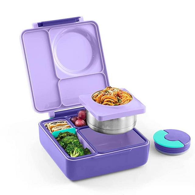 OmieBox Bento Box for Kids - Insulated Bento Lunch Box with Leak Proof Thermos Food Jar - 3 Compartments, Two Temperature Zones - (Purple) (Single) (Packaging May Vary)