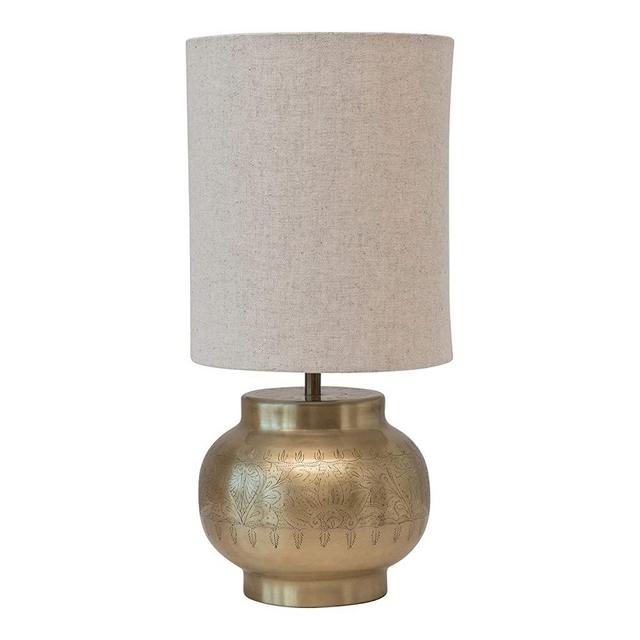 Creative Co-Op DF4489 Traditional Metal Table Engraved Pattern, Ivory Linen Shade with Inline Switch, Antique Brass Finish Lamp