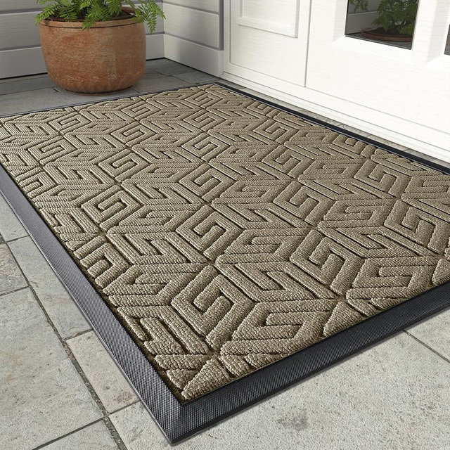 Yimobra Front Door Mat Outside Entrance 17x29.5, Waterproof All-Season Weather Doormat, Stain and Fade Resistant, Indoor Outdoor Welcome Mat, Non Slip Natural Rubber, Easy Clean Patio, Pale Khaki