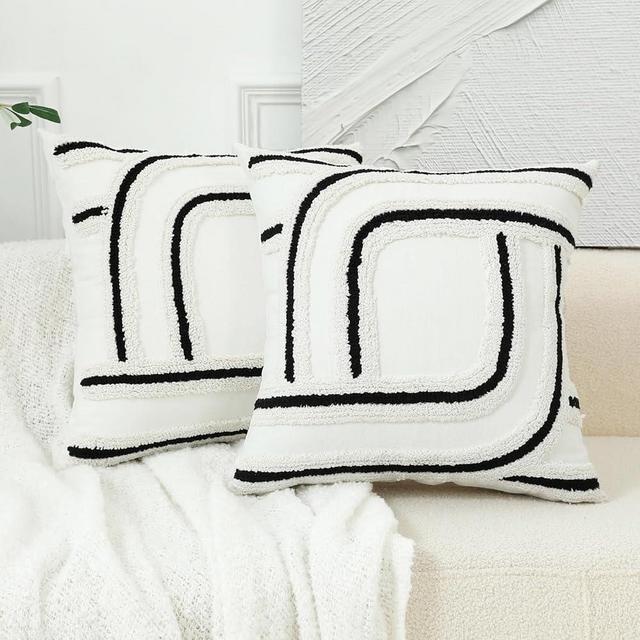 sykting Black and White Throw Pillow Covers Textured Neutral Raised Embroidery Modern Boho Pillow Covers 18x18 Inches Set of 2 Decorative for Couch Sofa Bed Living Room Outdoor