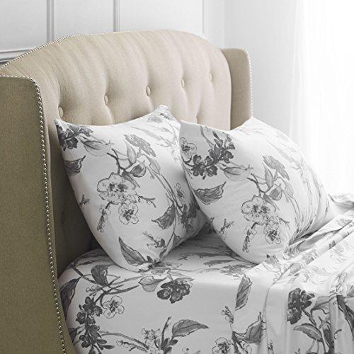 Pinzon Signature 190-Gram 100% Cotton Heavyweight Velvet Flannel Bed Sheet Set, Queen, Floral Graphite