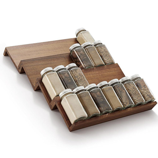 Tinamo 4-Pack Acacia Wooden Spice Drawer Organizer - Spice Organization for Cabinet, Seasoning Organizer for Cabinet - Organizador De Especias De Cocina - 32 Standard Jars, Multi-Tier (Walnut color)