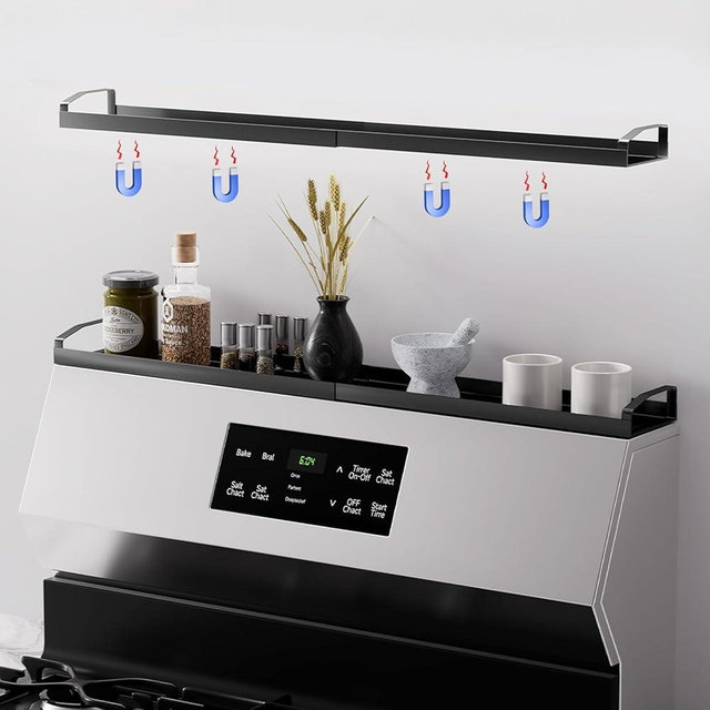 WOCHUANGSI 1 Pc Magnetic Stove Top Shelf Expandable Spice Rack Over The Stove Seasoning Organizer for Back of Stove, Oven Shelf, Kitchen Storage, Metal (1, Black)