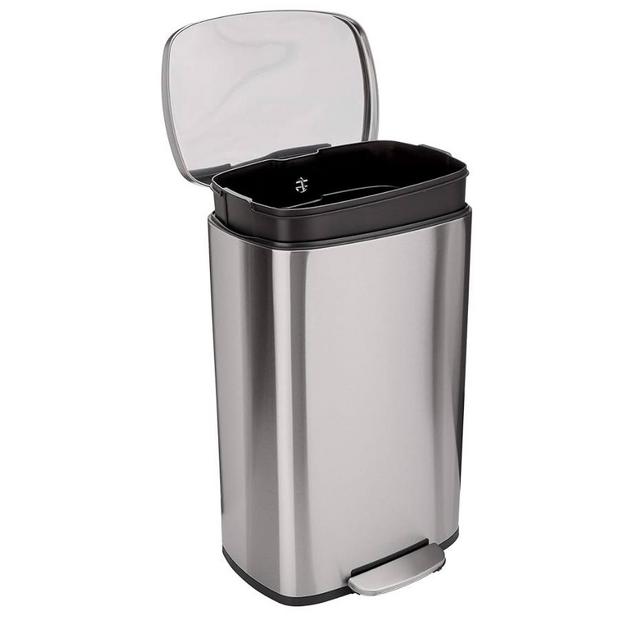 Amazon Basics Smudge Resistant Rectangular Trash Can With Soft-Close Foot Pedal, Brushed Stainless Steel, 50 liter/13.2 gallon, Satin Nickel Finish, 16.7"L x 14.7"W x 25.9"H