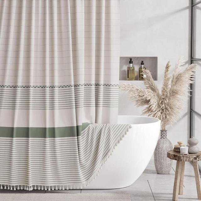 AmazerBath Cloth Shower Curtain Sets, Sage Shower Curtain Boho Rustic Linen Shower Curtain with Beige Tassel, Striped Fabric Shower Curtain with 12 Hooks for Bathroom, 72"x72", Sage Green