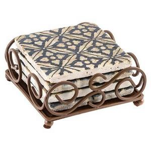 Thirstystone Travertine Coaster Set in Scroll Holder - Black