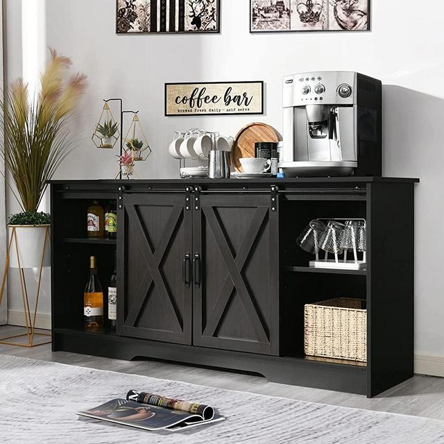 Coffee Bar Cabinet with Barn Doors, Farmhouse Sideboard Buffet Cabinet with Storage for Living Room Dinning Room Sideboards Storage Cabinet, Espresso