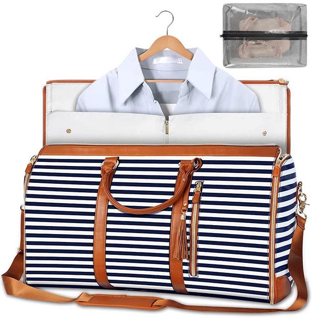 Carry On Garment Bag, Large PU Leather Duffle Bag for Women, Waterproof Garment Bag for Travel with Shoe Pouch, 2 in 1 Hanging Suitcase Suit Travel Bags, Gifts for Women, Royal Blue Stripe
