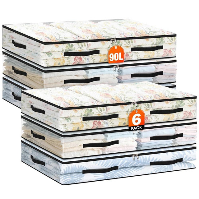 EdenDwell 6 Pack Under Bed Storage Bags, 90L Foldable Clear Storage Containers with Handles, Dual Zippers for Comforter, Clothes, Bedding, Linen Sheets, Sweaters, Blanket Storage