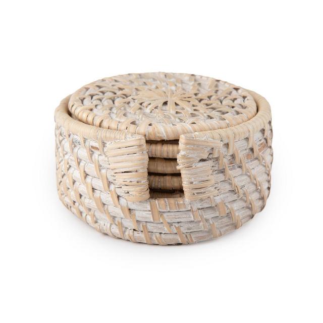 4pk Rattan Whitewash Coaster Set with Holder - Thirstystone