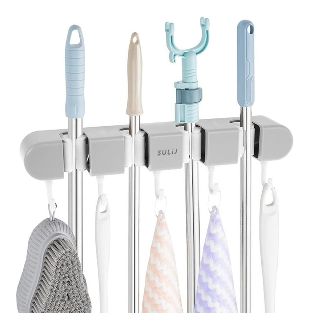 THDUJAYJAY 3PCS Broom Mop Holder with Hooks Wall Mounted Broom Storage Rack No Drilling Self-Adhesive Mop Broom Organizer Mop Holder Hanger for Bathroom Office Kitchen Closet Garage,Grey (3)