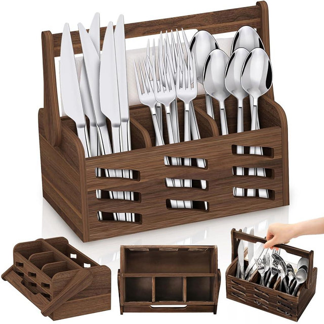Noamus Silverware Caddy with Handle, Wooden Flatware Utensil Holder for Party, 4 Compartment Cutlery Organizer Napkin Storage for Countertop, Kitchen Bathroom Bedroom, Farmhouse Decor, Camping Picnic