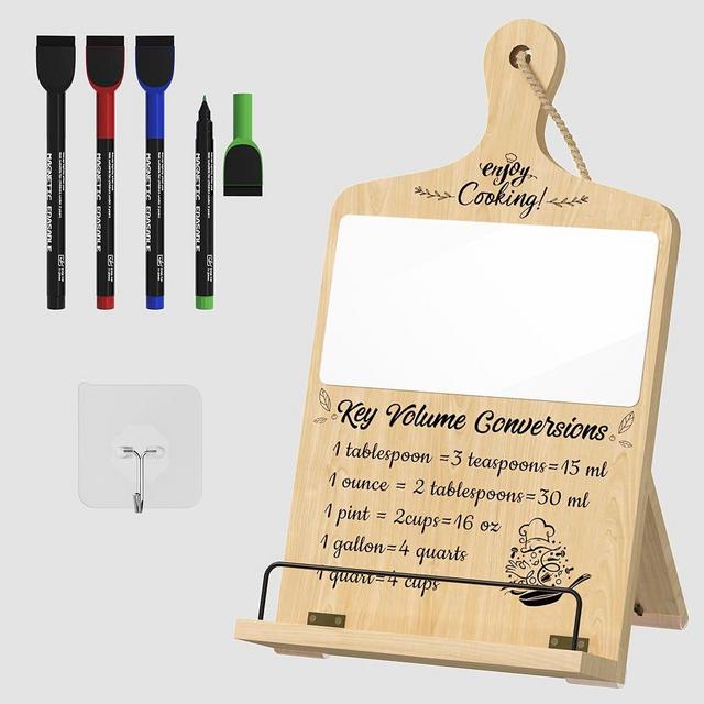 Readaeer Cookbook Stand with Magnetic Writing Board and 4 Different Colors of Markers, Adjustable Wooden Cookbook Holder with Measurement Conversion Chart, Recipe Book Stand for Kitchen Counter