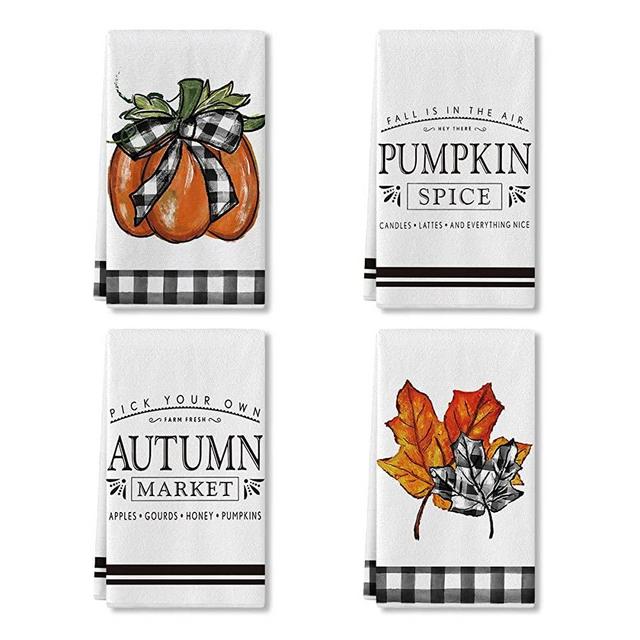Artoid Mode Fall Buffalo Plaid Pumpkin Maple Leaf Kitchen Towels Dish Towels, 18x26 Inch Seasonal Autumn Thanksgiving Harvest Tea Hand Towel Set of 4