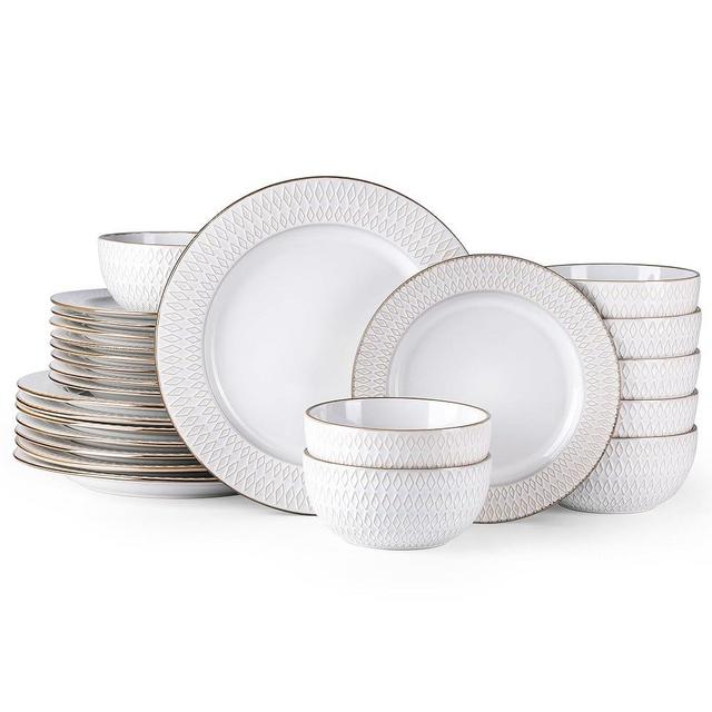 GBHOME Ceramic Dinnerware Sets, 24Piece Embossed Elegant Stoneware Plates and Bowls Sets, Housewarming Wedding Gift | Dishwasher & Microwave Safe | Dishes Set Service for 8